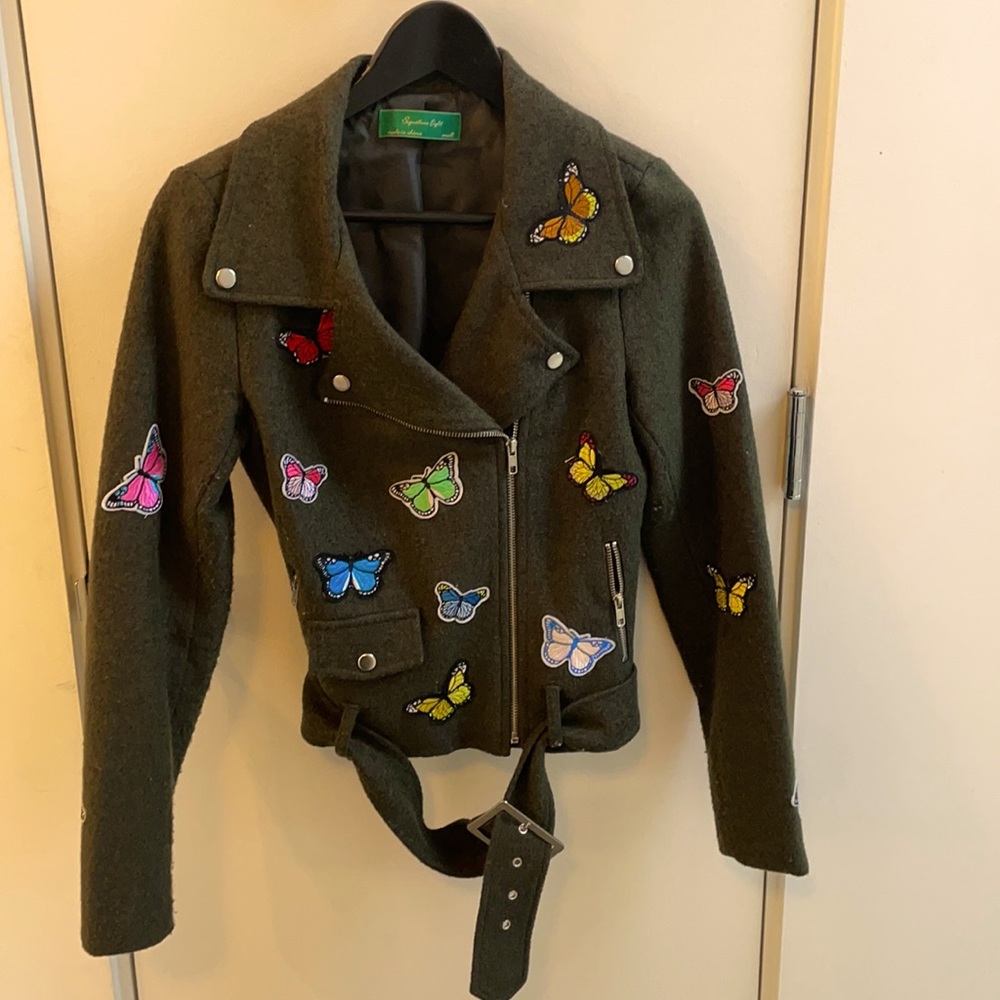 Wool biker jacket with butterfly patches